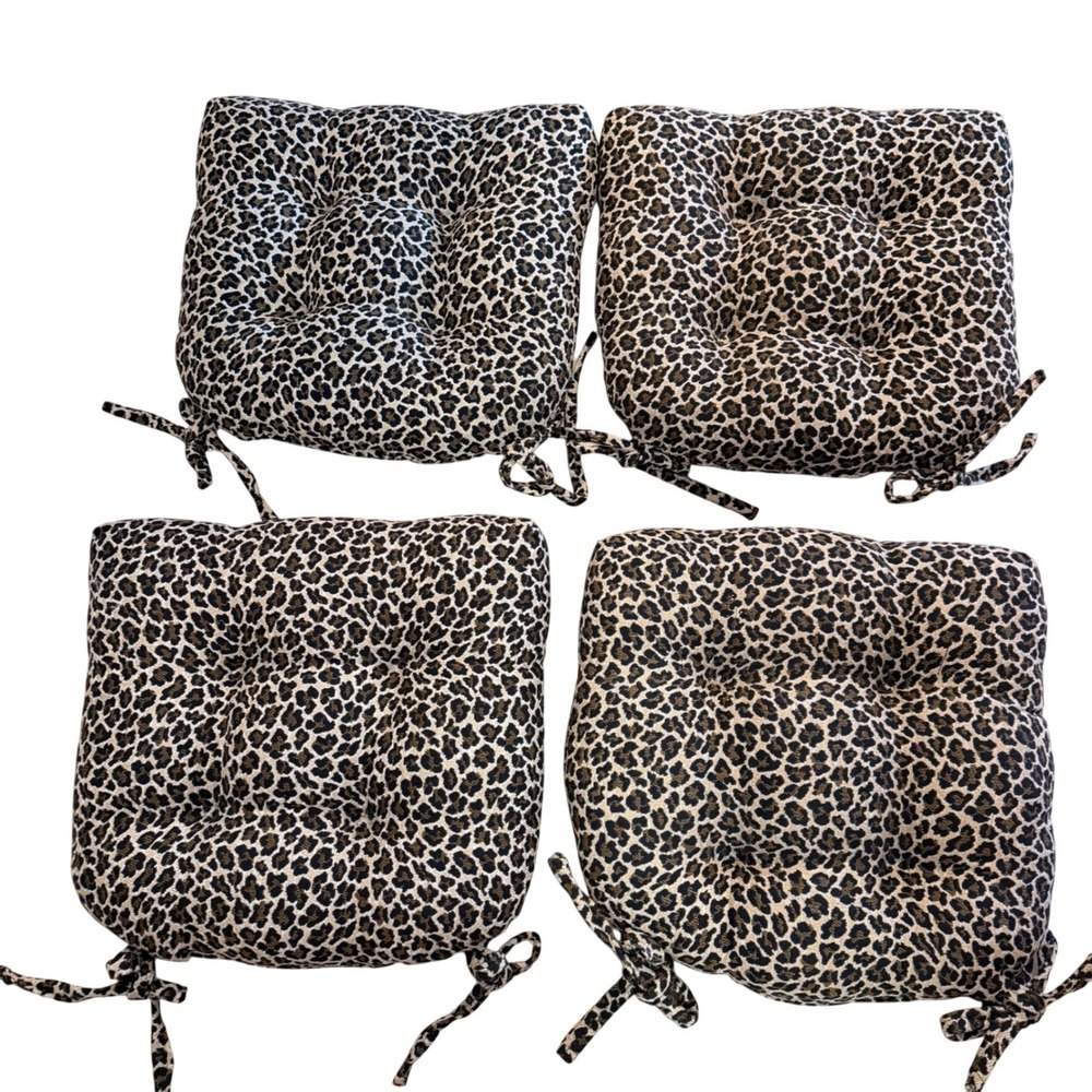 Leopard Print Chair Pads Set of 4 Tan Black Tufted Animal Print Ties 16" x 16"
